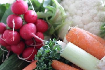 Detailaufnahme mit Radieschen, Suppengrün und Blumenkohl