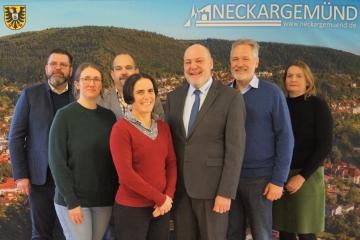 (v.l.n.r.) Dr. Stephan Richter (GEF), Klimaschutzbeauftragte Susanne Kurch, Mathias Schmalzhaf aus Mauer, Dr. Madeleine Schultz (GEF), Bürgermeister von Neckargemünd Frank Volk, Bürgermeister von Wiesenbach Eric Grabenbauer und Sachgebietsleiterin Klimaschutz Regina Watzelt